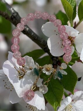 Pink Beaded Flower Charm Bracelet